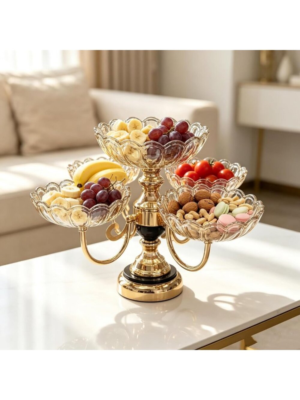 Elegant Rotatable 5-Plate Glass Fruit Serving Stand with Gold Metal Snack Tray
